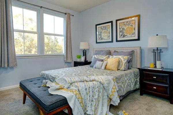 a bedroom with a bed and a window