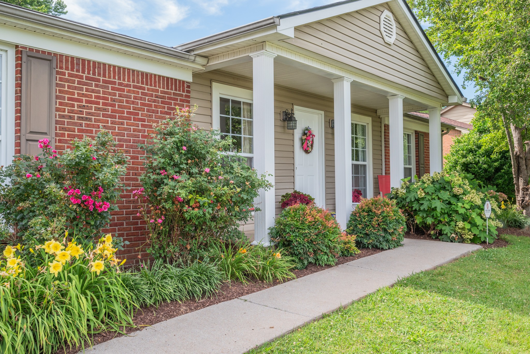 a view of a house with potted plants