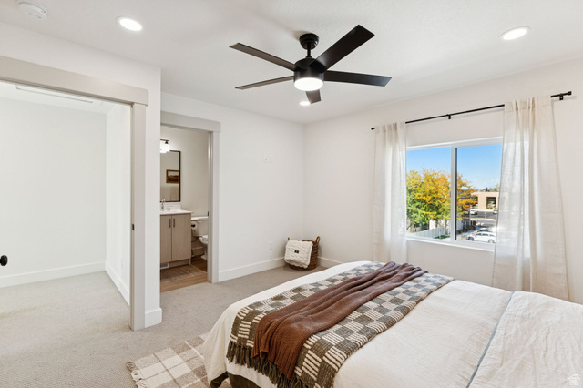 51 East 200 North, Unit 3 Bountiful, UT 84010 - Photo 19 of 27 Bedroom with light carpet, recessed lighting, ceiling fan, and ensuite bath