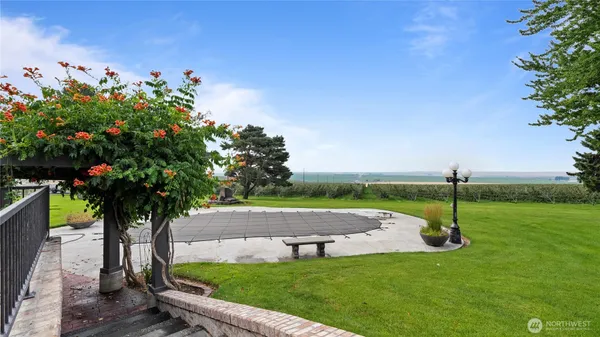 a view of yard with swimming pool and green space