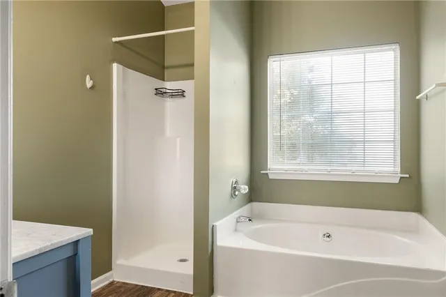 a bathroom with a tub shower and sink