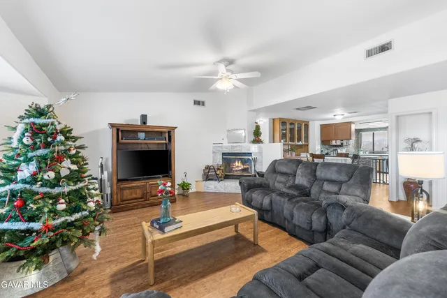 a living room with furniture a flat screen tv and a potted plant