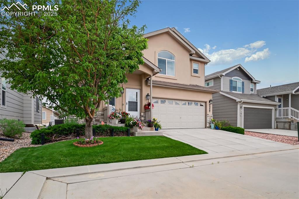 7374 Maybeck View Peyton, CO 80831 - Photo 38 of 38 a front view of a house with a garden and trees