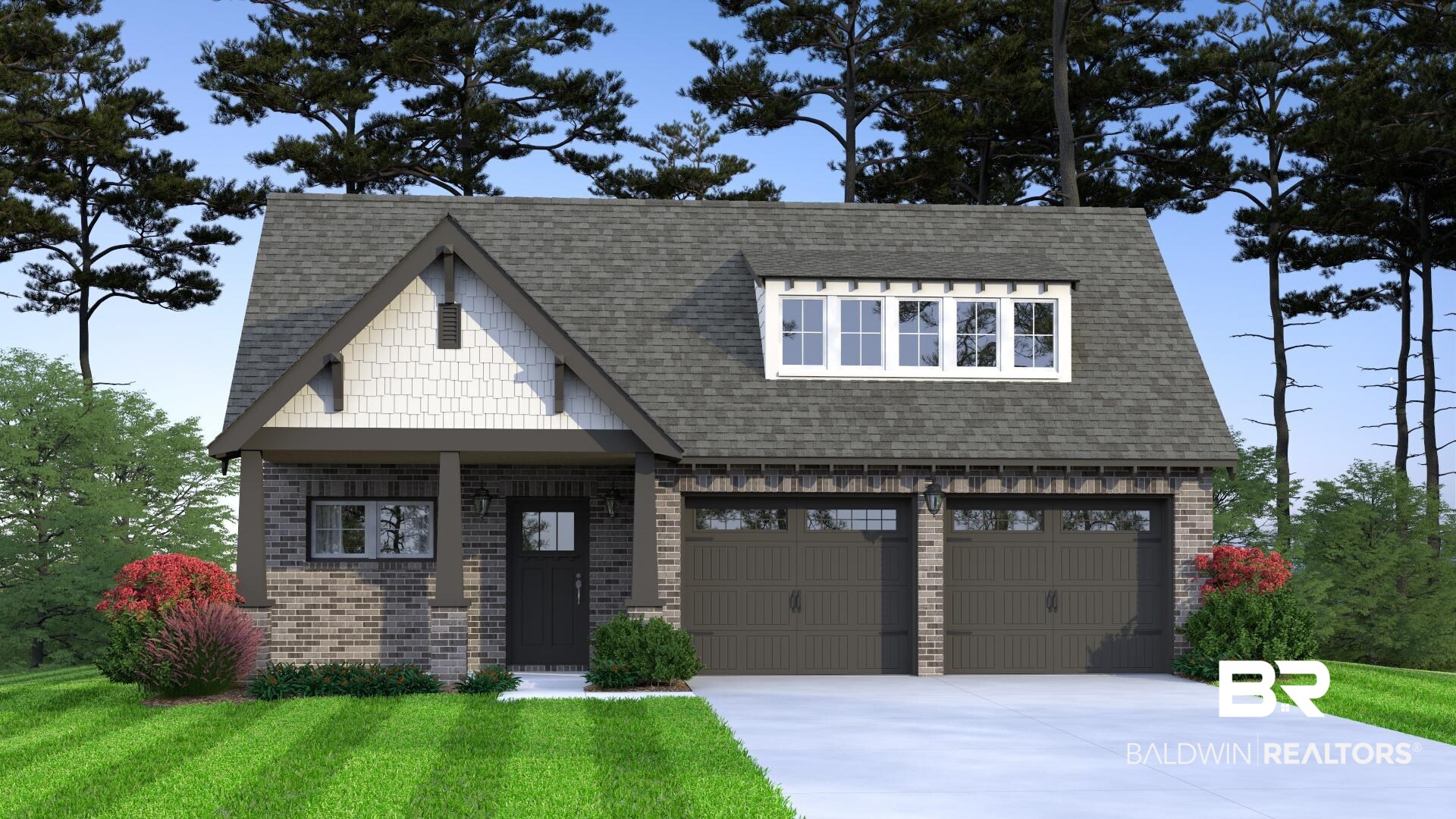 27414 Patch Pl Loop Daphne, AL 36526 - Photo 1 of 3 Craftsman-style exterior featuring a covered porch, brick facade, shingle siding, a two-car garage with carriage-style doors, and an upper-level dormer window