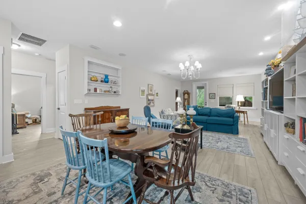 a view of a dining room with furniture