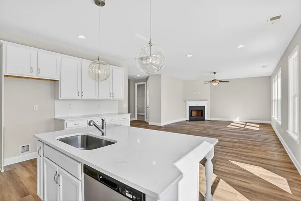 a kitchen with a sink dishwasher a stove and a refrigerator with wooden floor