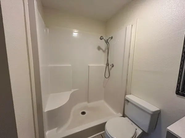 a bathroom with a shower and toilet