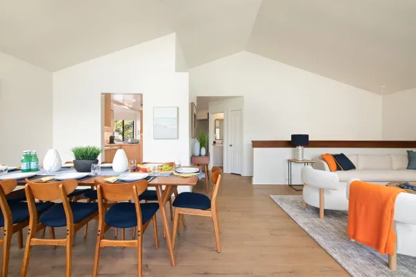 a view of a dining room with furniture