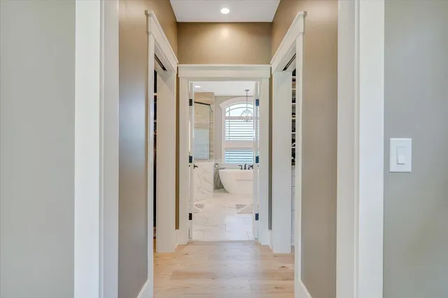 a view of balcony with wooden floor