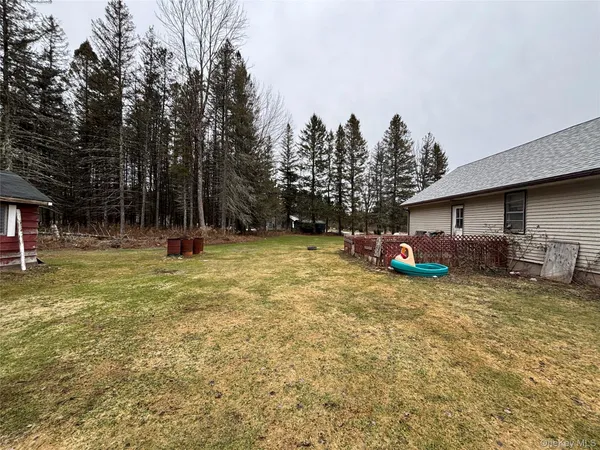 a view of a house with backyard and trees