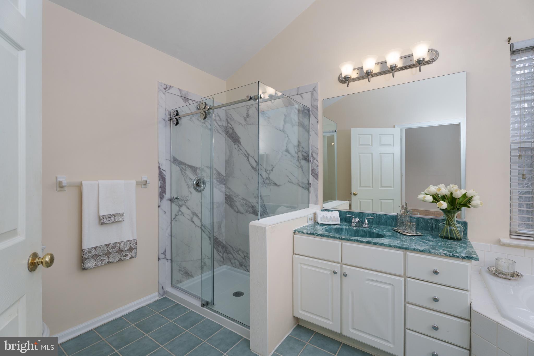 19 Rider Terrace Princeton, NJ 08540 - Photo 18 of 28 a bathroom with a granite countertop sink a mirror a vanity and a shower