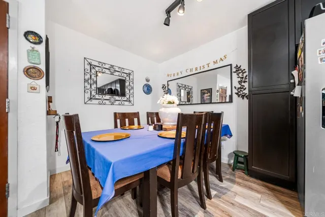 a view of a dining room with furniture