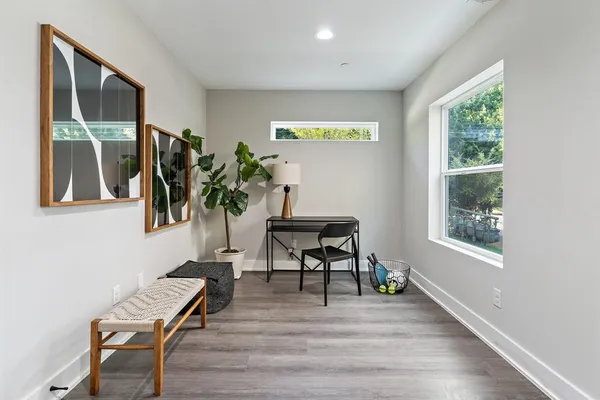 a view of a livingroom with furniture and a potted plant