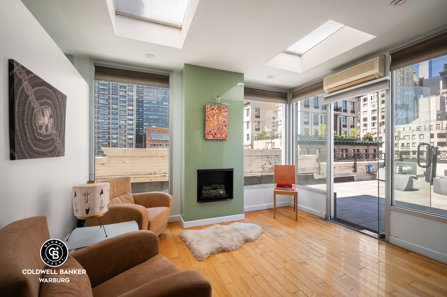 115 East 61st Street, Unit PH Manhattan, NY 10065 - Photo 2 of 12 a living room with furniture and a fireplace