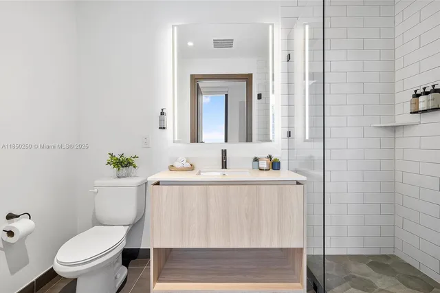 a bathroom with a shower and toilet