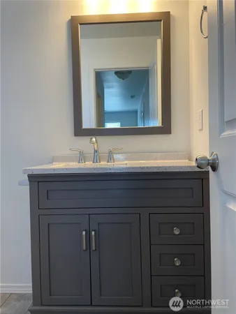 a bathroom with a sink vanity and a mirror