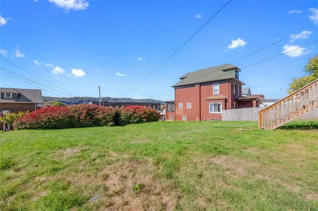 a view of a backyard with plants and large trees