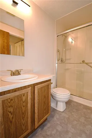 a bathroom with a sink a toilet and shower