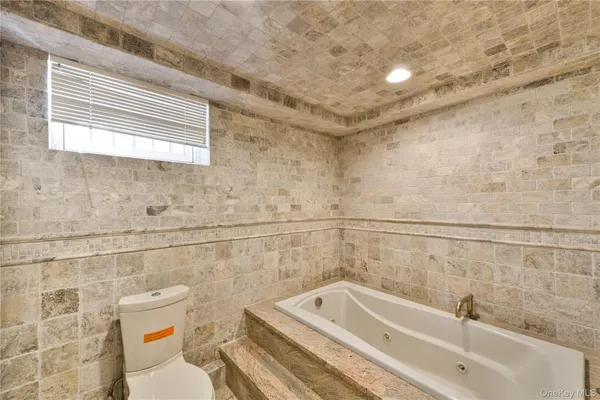 a bathroom with a bathtub and a toilet
