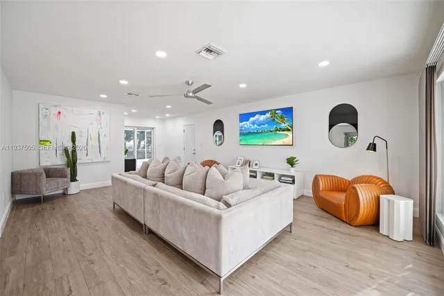 a living room with furniture and wall paintings