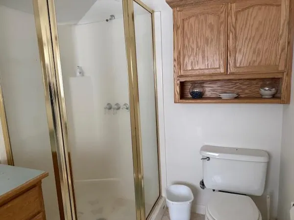 a bathroom with a toilet and a shower
