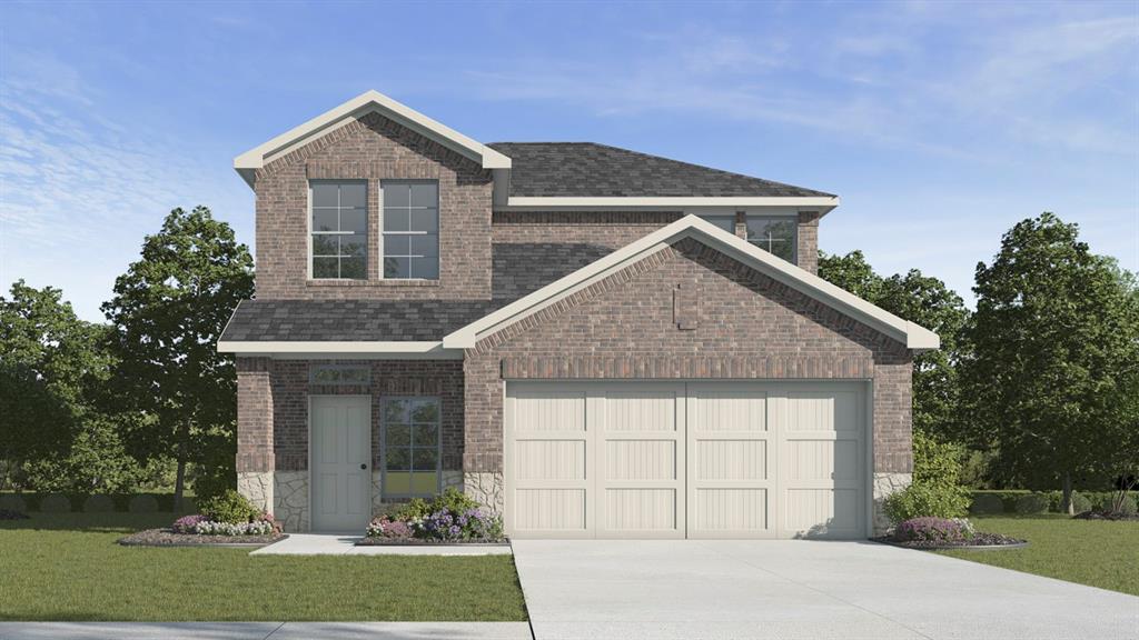 Two-story brick exterior with stone accenting
