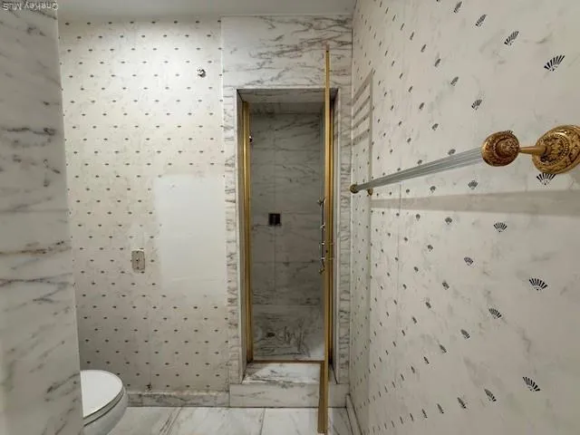 a bathroom with a toilet and a shower