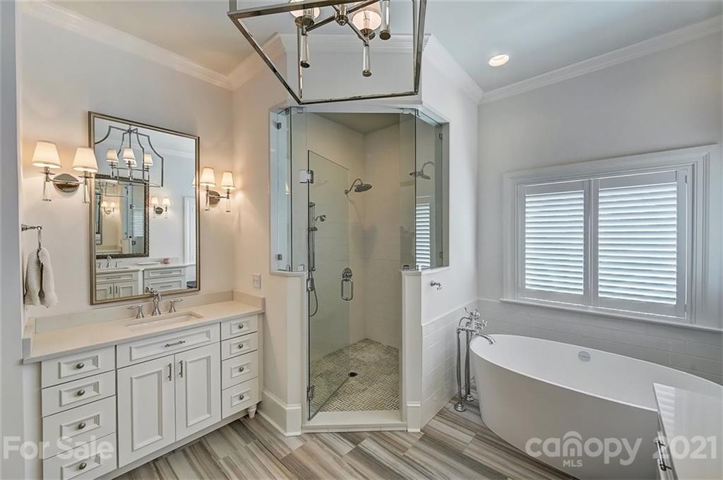18731 River Falls Drive Davidson, NC 28036 - Photo 22 of 45 a spacious bathroom with a double vanity sink a mirror a bathtub and shower