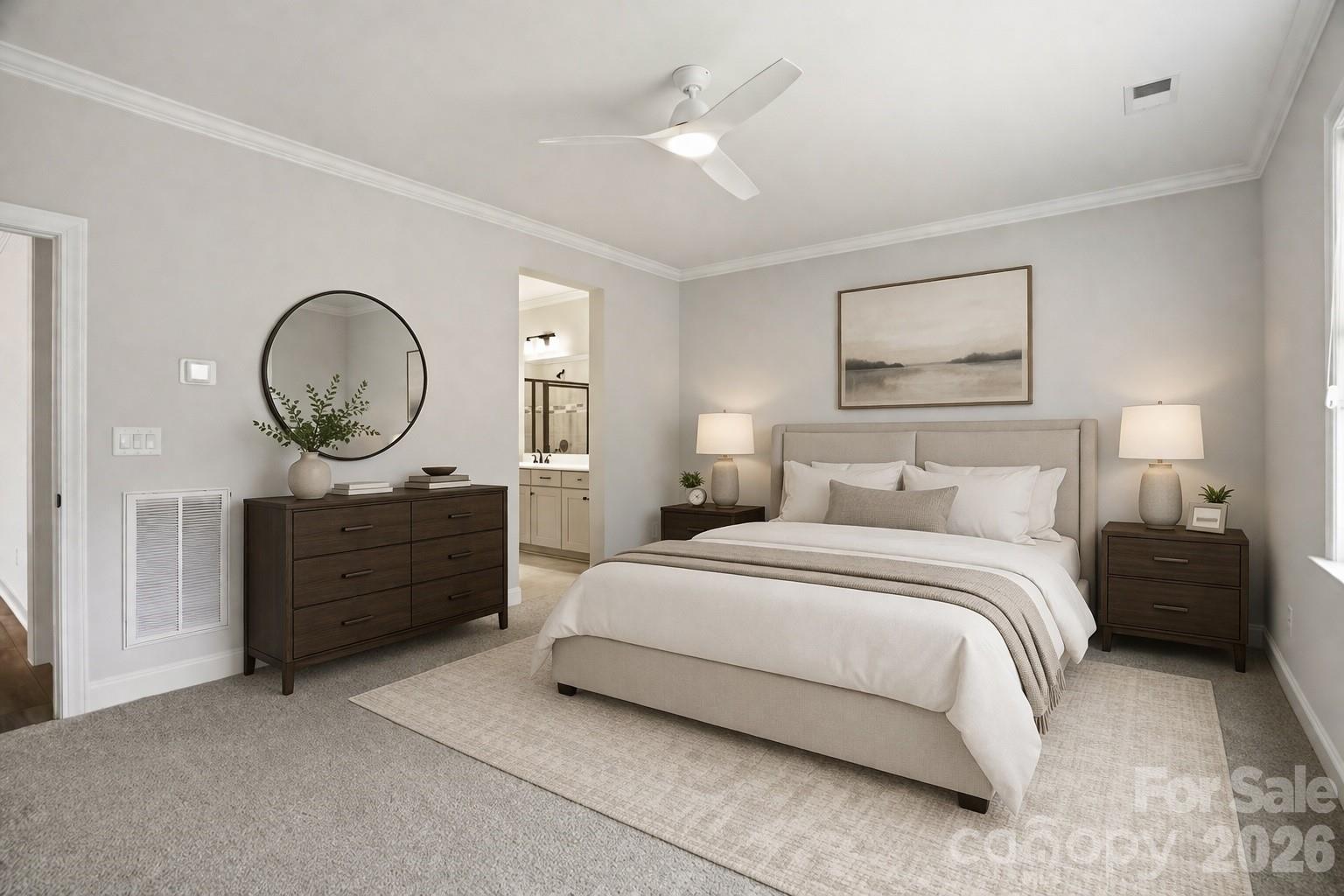 5562 Caneel Lane Denver, NC 28037 - Photo 18 of 44 a bedroom with a bed a mirror and wall painting