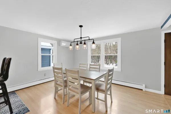 a view of a dining room with furniture window and wooden floor