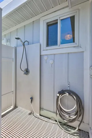 an aerial view of residential building and parking space
