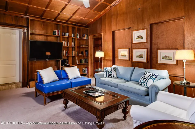 a living room with furniture a rug and a large window