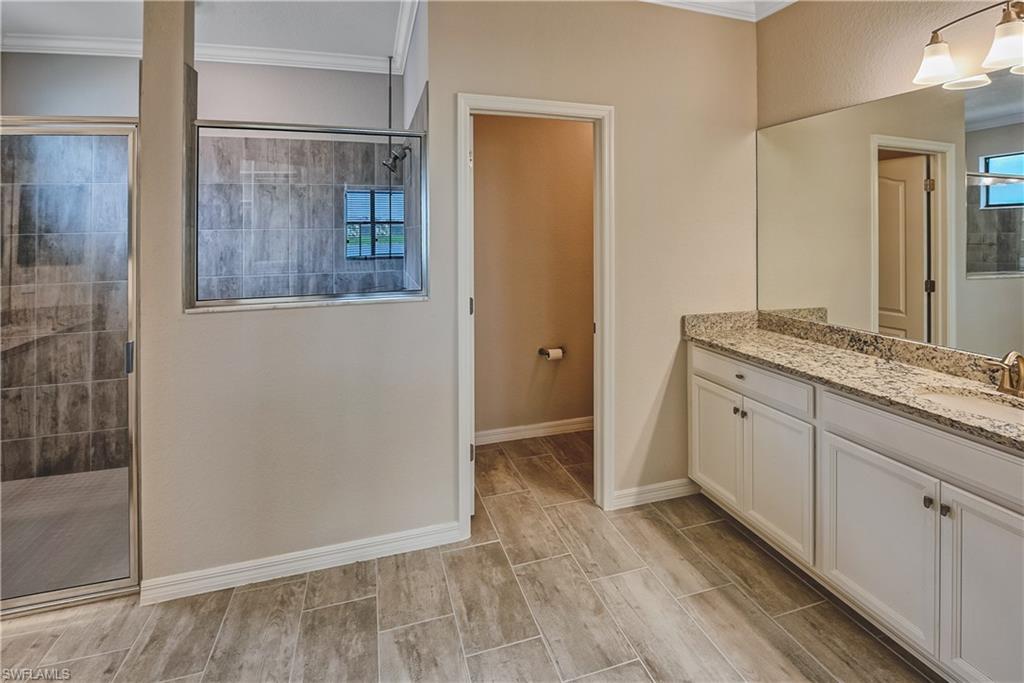 19576 The Pl Boulevard Estero, FL 33928 - Photo 10 of 35 a bathroom with a granite countertop sink a mirror and a shower