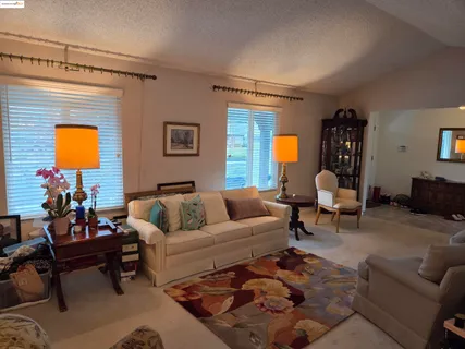 a living room with furniture and a lamp