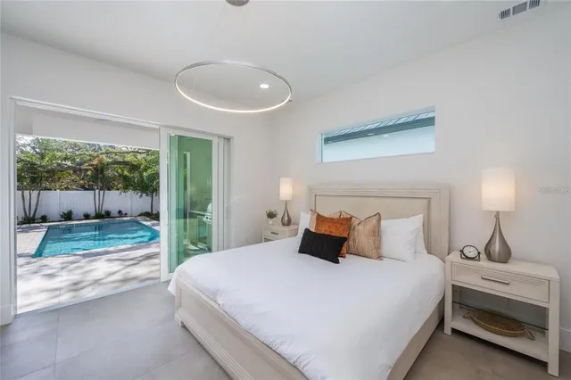 a bedroom with a bed and a large window