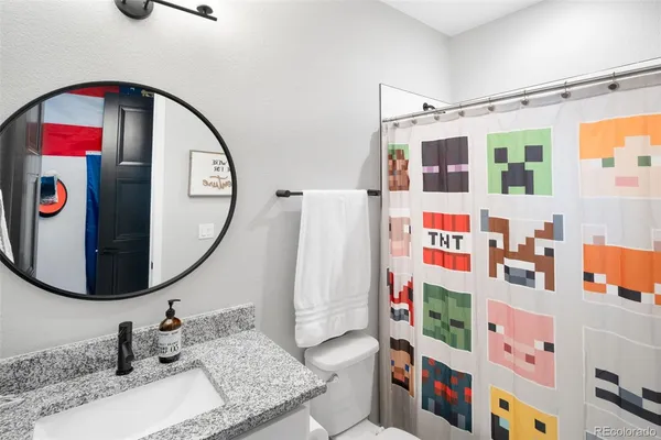 a bathroom with a sink mirror and vanity