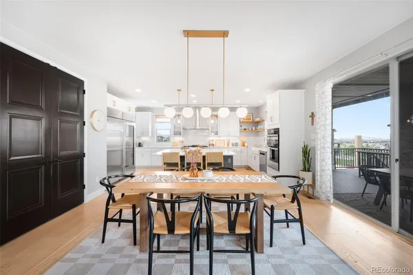 a large kitchen with dining table and stainless steel appliances