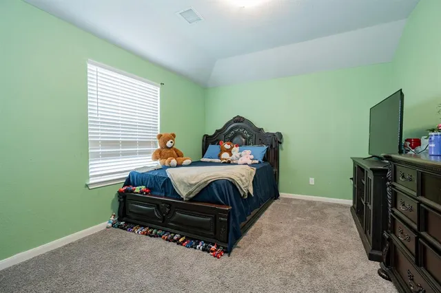 a bedroom with a bed and a television