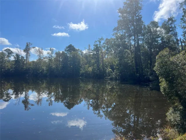 a view of a field with an trees in the background