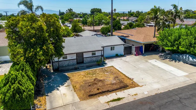 a view of a backyard with plants and a patio