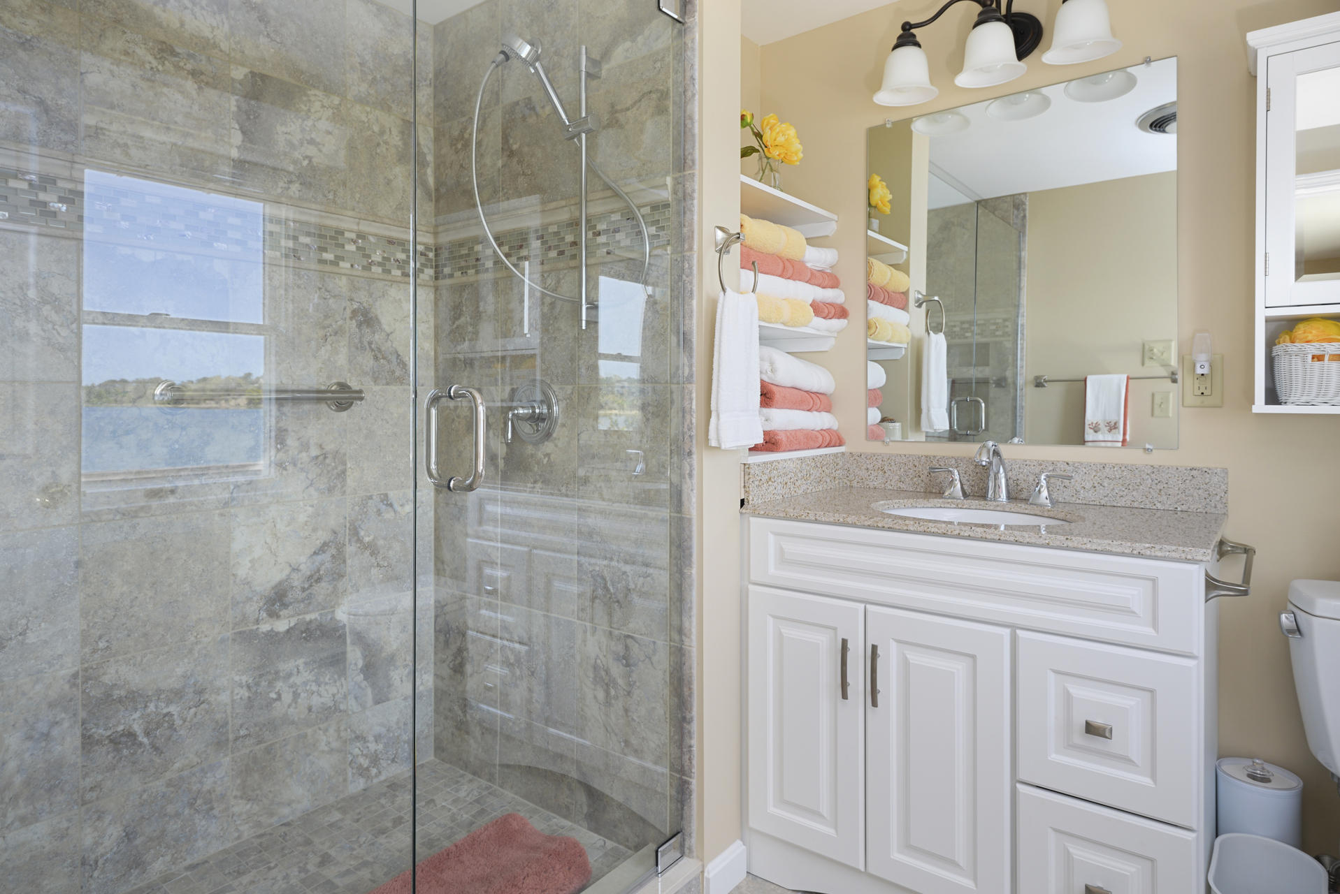 159 Seapine Road North Chatham, MA 02650 - Photo 15 of 31 a bathroom with a granite countertop sink a mirror and shower