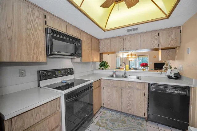 a view of a big yard with plants and a large tree