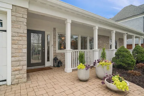 a view of a porch with a potted plant