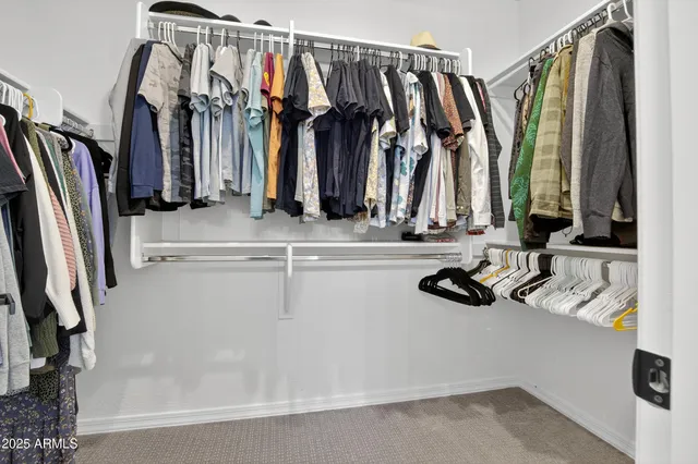 a view of walk in closet with clothes and shoes