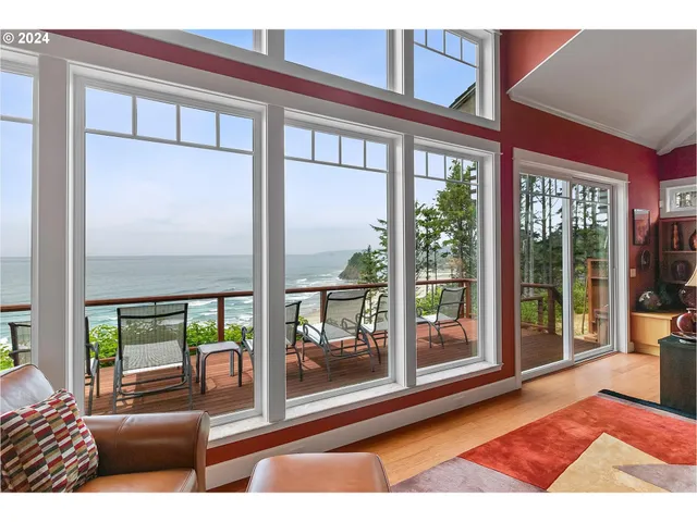 a living room with a large window