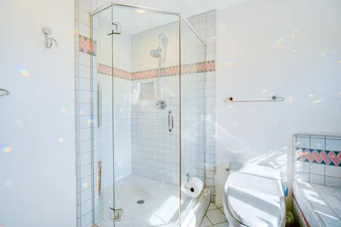 a bathroom with a shower and a toilet