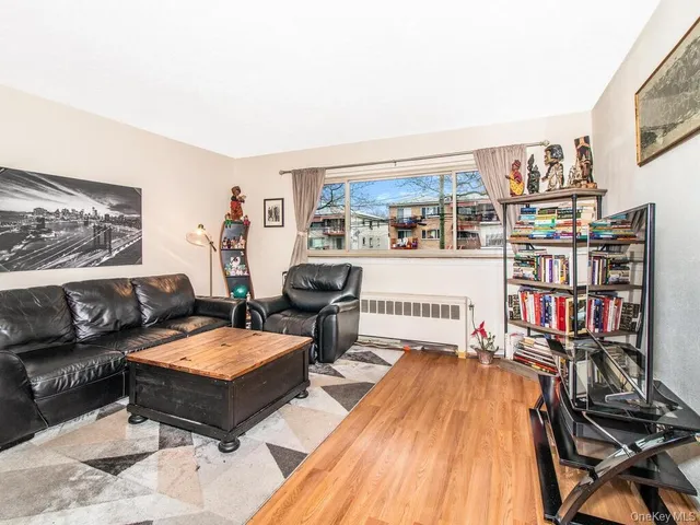 a living room with furniture a rug and a bookshelf