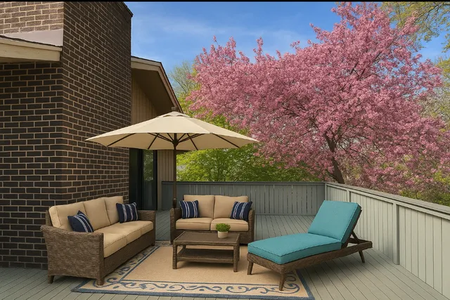 a backyard of a house with table and chairs