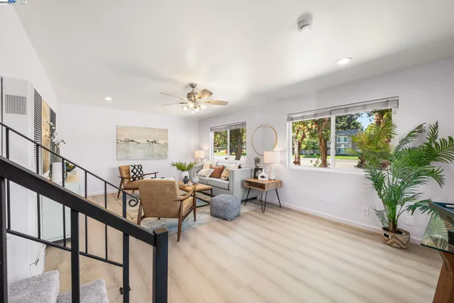 a living room with furniture and a potted plant