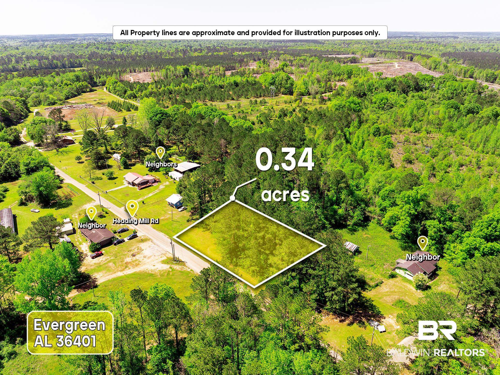 0 Factory Street Evergreen, AL 36401 - Photo 3 of 9 Aerial view of property's location featuring a heavily wooded area and property parcel outlined